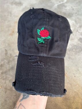 Black Distressed Cap with Embroidered Red Rose